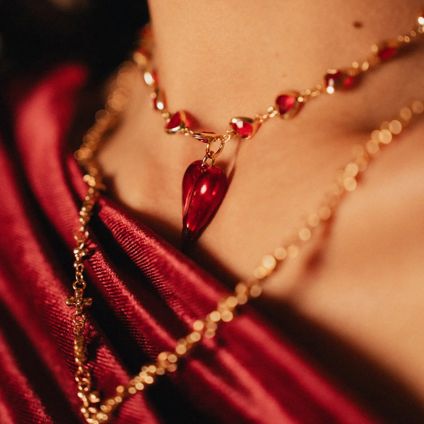 Set of two Necklaces and Bracelet |  Red Hearts and Cross