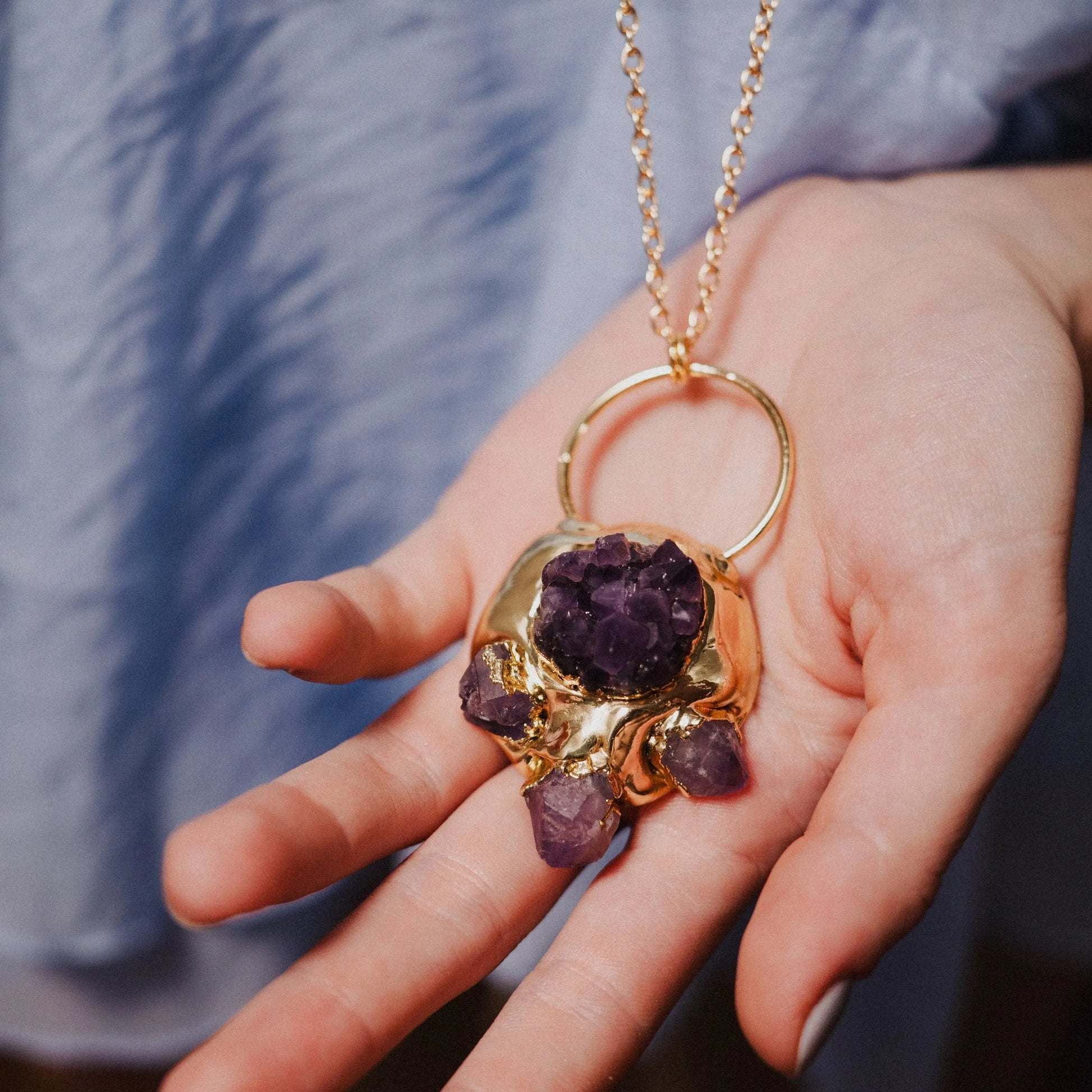 Amethyst Necklace, Statement Necklace, Gold Plated Jewelry, Crystal Pendant, Birthstone, Handmade Gift