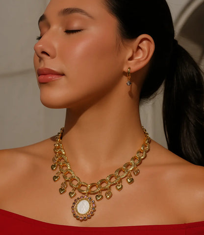 Thick Chain Necklace with Medals of the Virgin Mary and a Large Mother-of-Pearl Pendant PHOEBE'S 