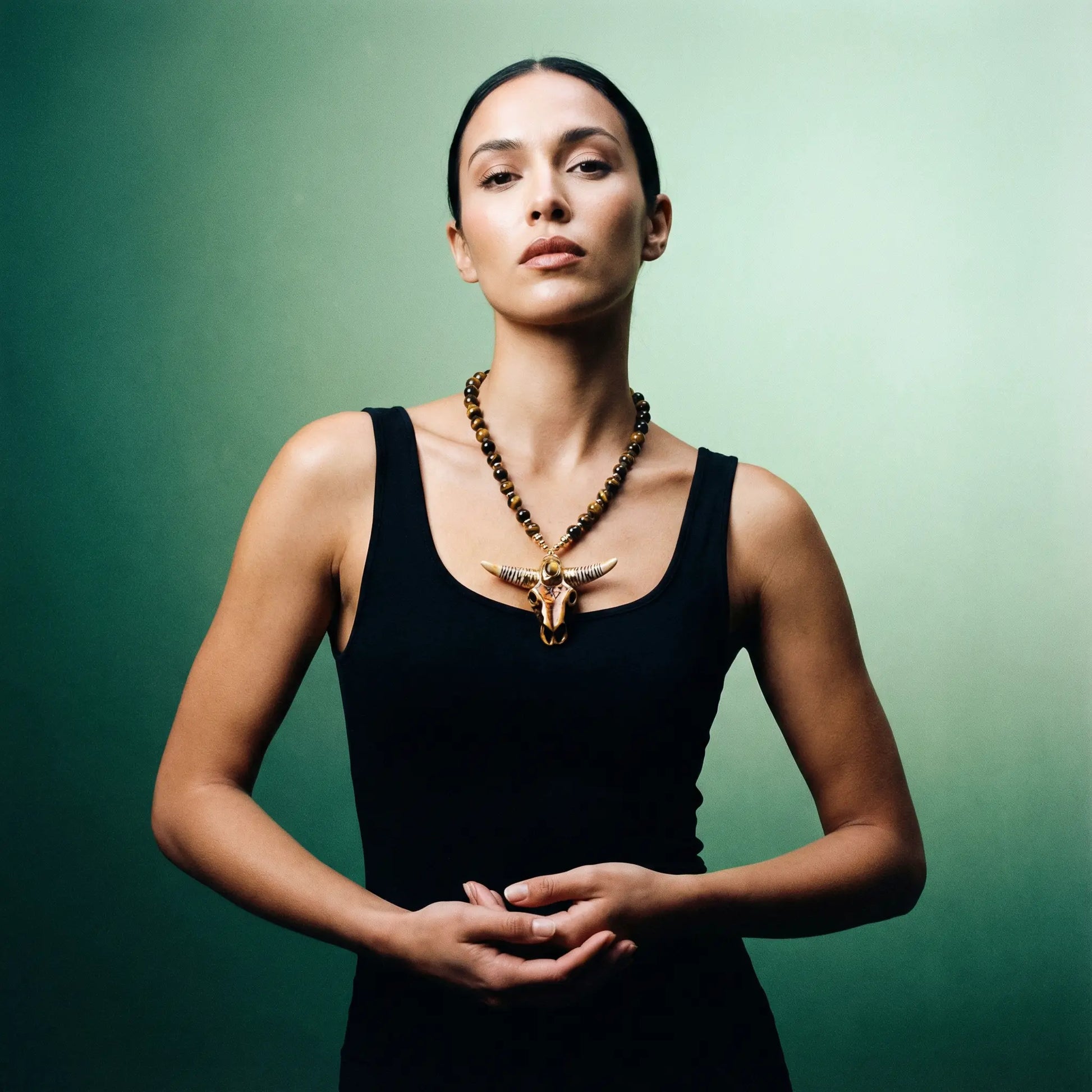 Tiger Eye Beaded Necklace with Horn Pendant Phoebe`s  