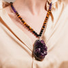 Tiger Eye Beads Necklace, Raw Amethyst Pendant, Best Gift