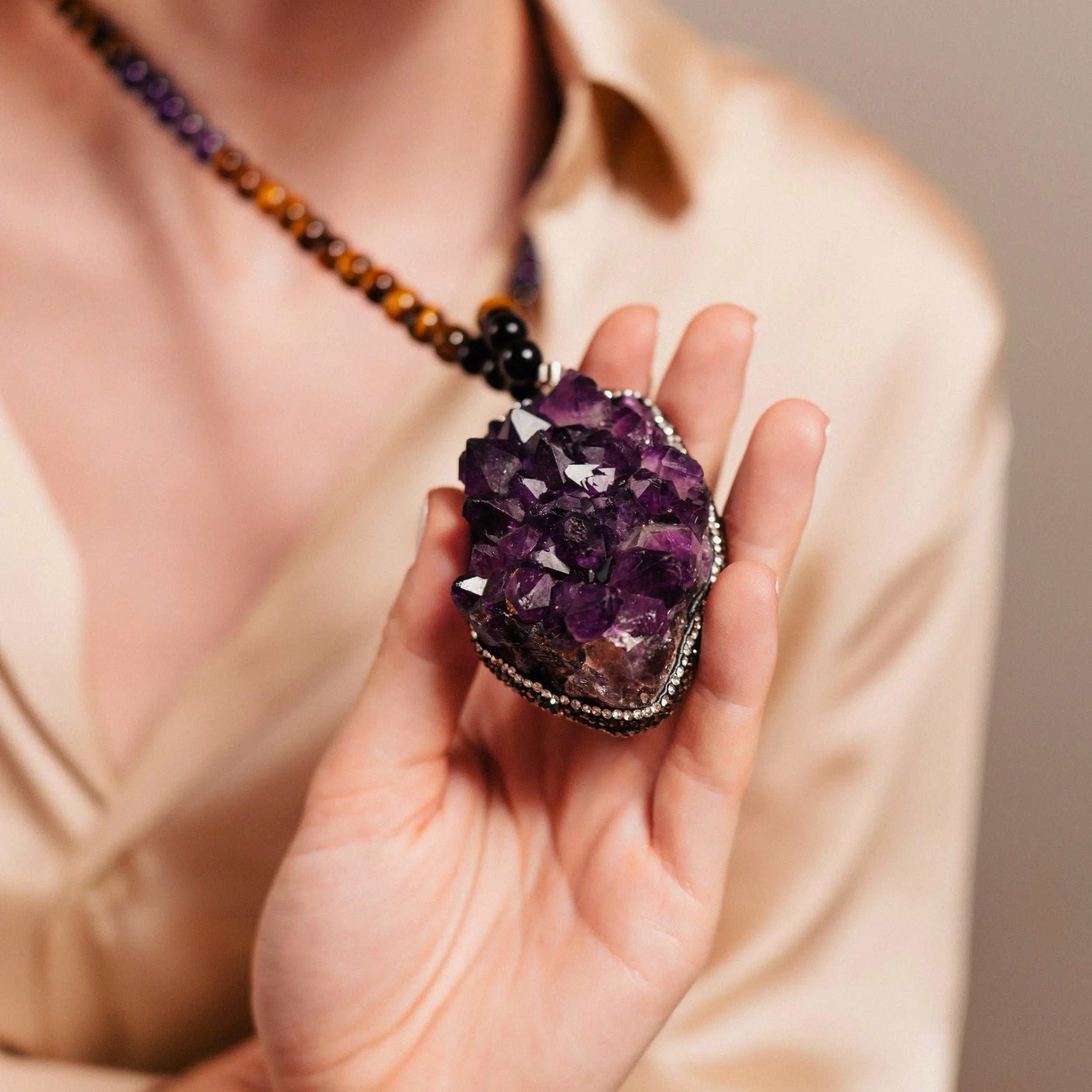 Tiger Eye Beads Necklace, Raw Amethyst Pendant, Best Gift