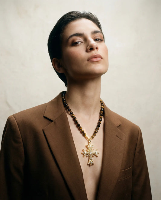 Tiger's Eye Bead Necklace with Maximalist Cross PHOEBE'S 