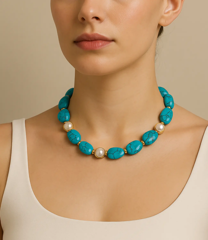 Turquoise and Pearl Jewelry Set – Necklace, Bracelet, and Earrings PHOEBE'S 