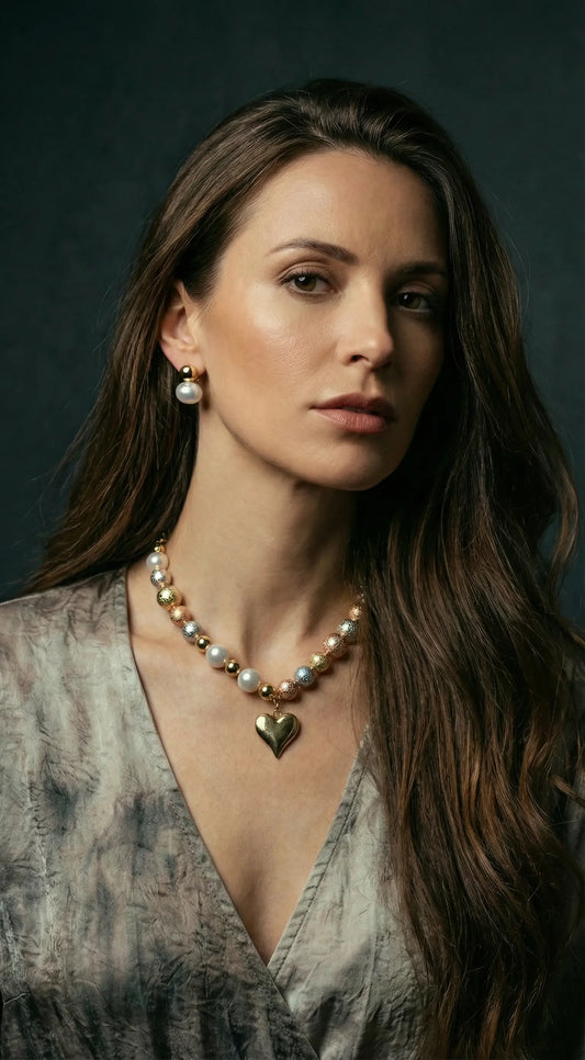 Two-Tone Necklace&nbsp; Pearls and Heart Charm in 18K Yellow and Rose Gold PHOEBE'S 