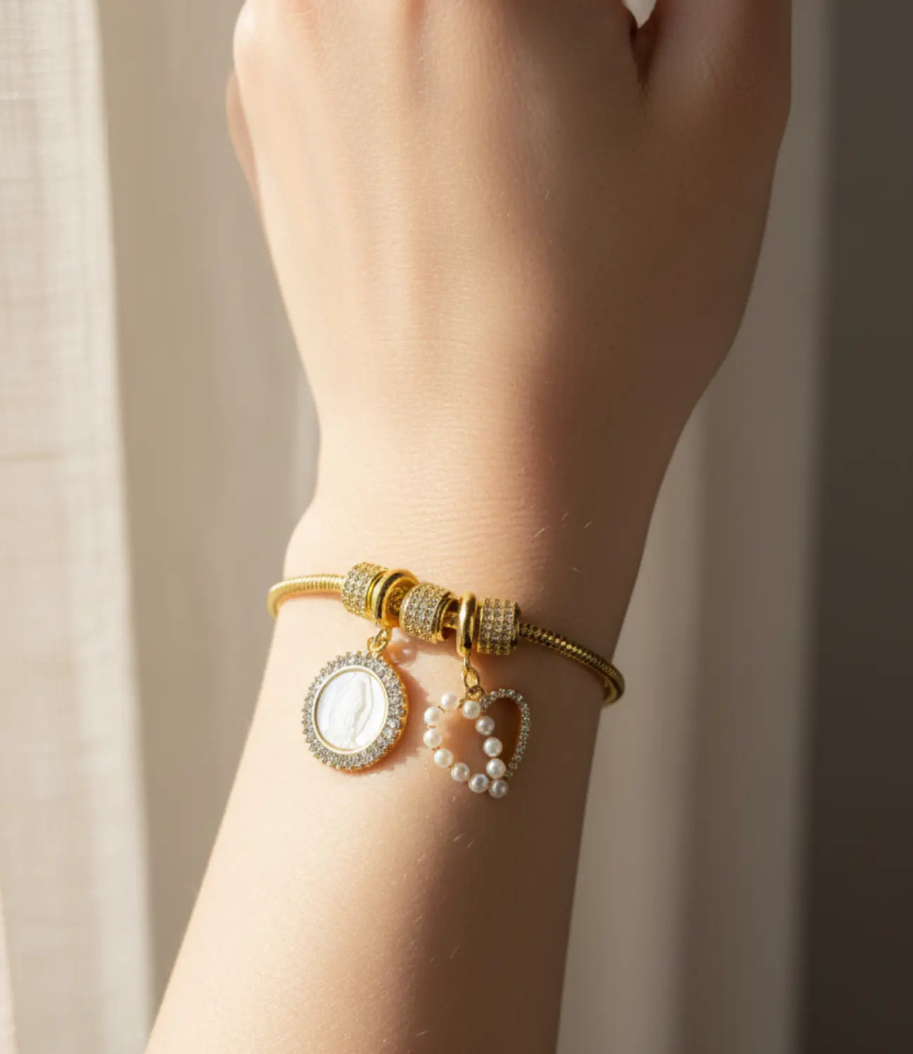 Virgen de Guadalupe Pearl Heart Bracelet – 18K Gold-Plated Phoebe`s  