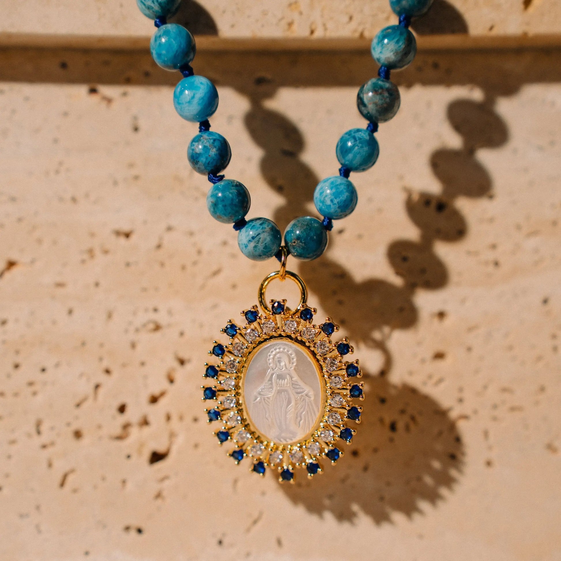 Virgin Mary Charm, Natural Stone Necklace, Unique Gift