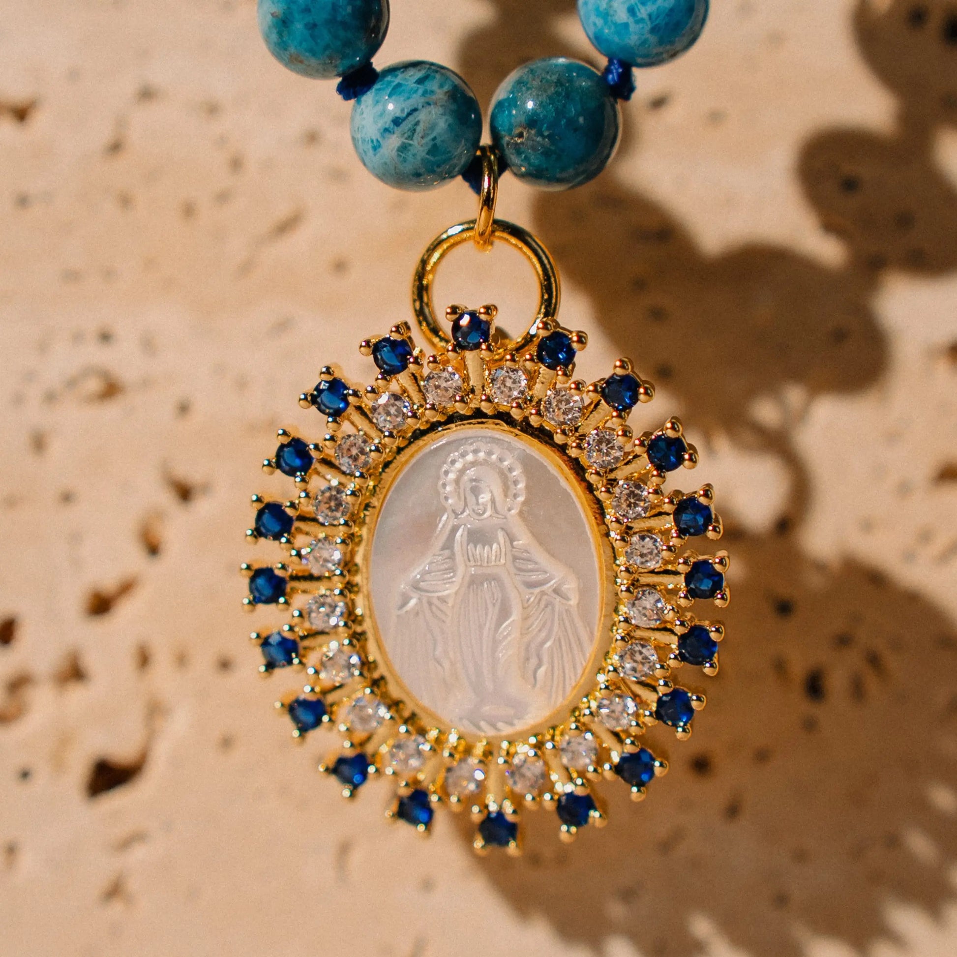 Virgin Mary Charm, Natural Stone Necklace, Unique Gift