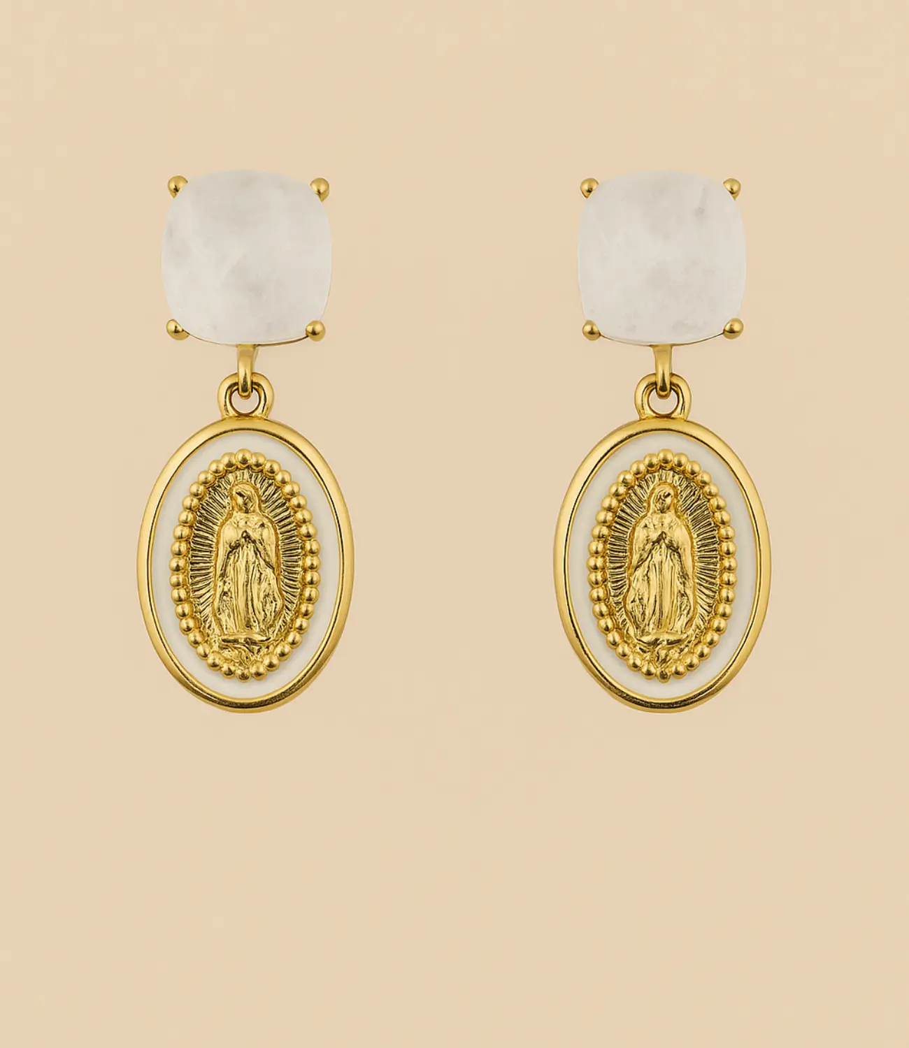 Virgin Mary Medal Earrings with White Quartz PHOEBE'S 