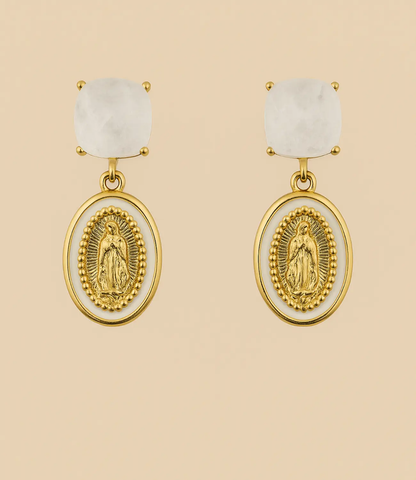 Virgin Mary Medal Earrings with White Quartz PHOEBE'S 
