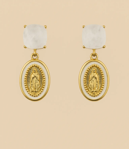Virgin Mary Medal Earrings with White Quartz PHOEBE'S 