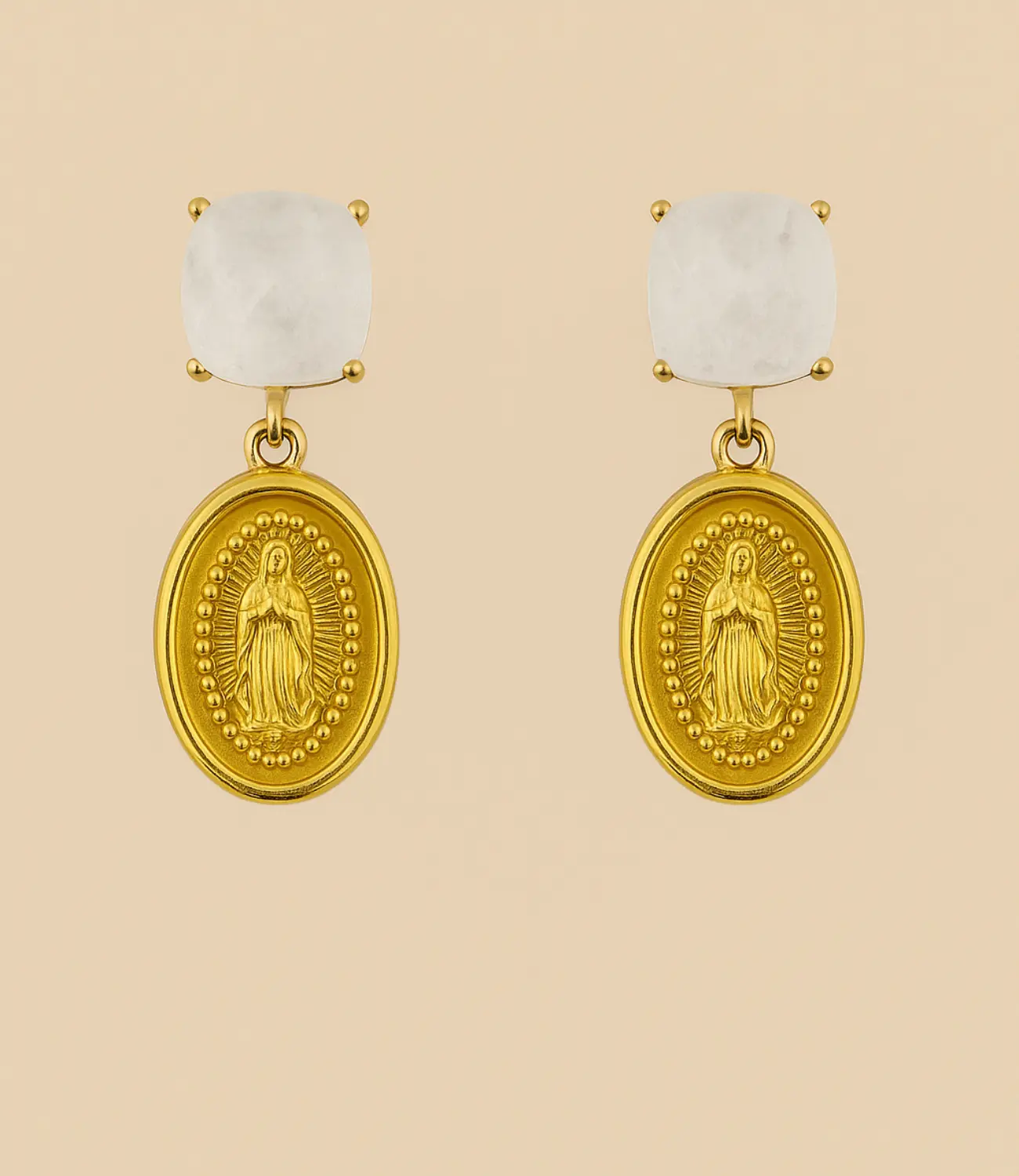 Virgin Mary Medal Earrings with White Quartz PHOEBE'S 