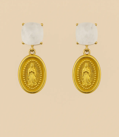 Virgin Mary Medal Earrings with White Quartz PHOEBE'S 
