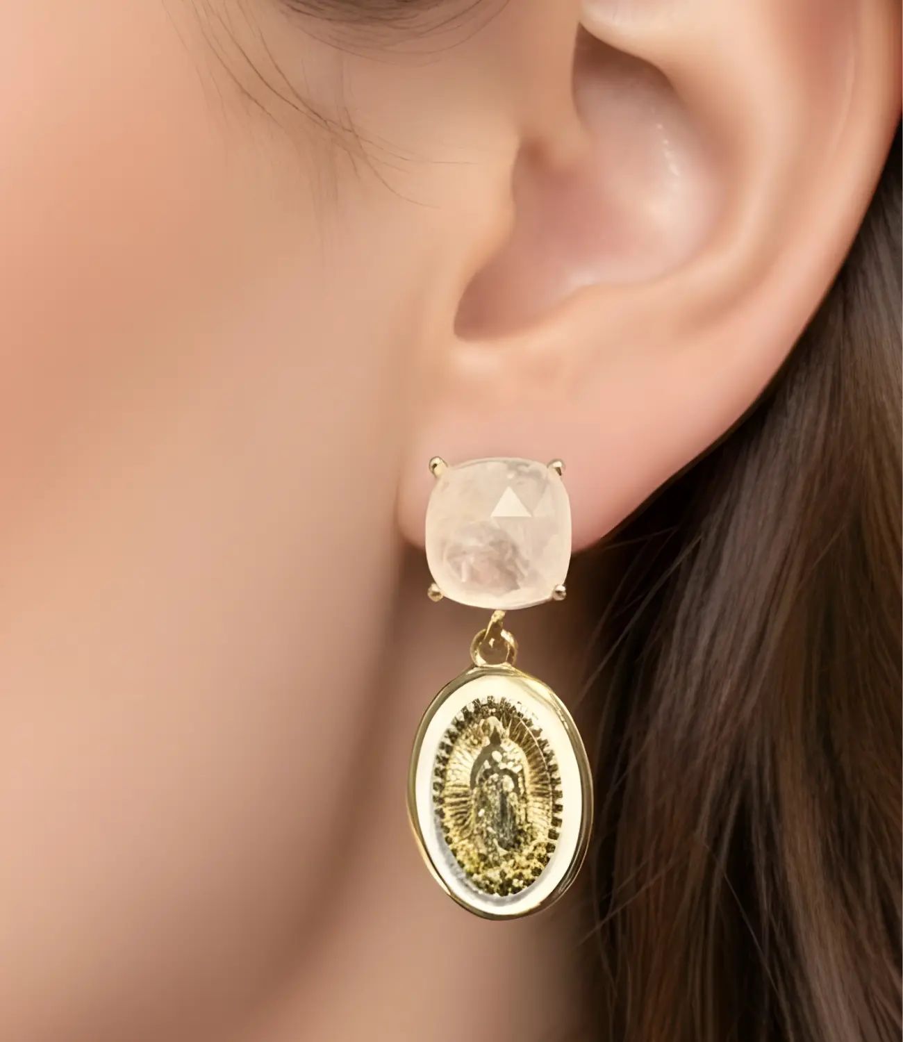 Virgin Mary Medal Earrings with White Quartz PHOEBE'S 