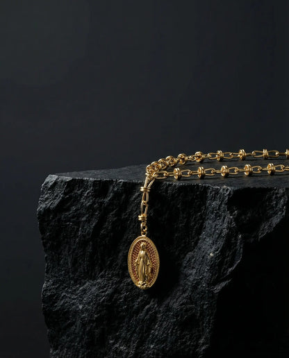 Virgin Mary Medal Necklace with Colored Zircons · 18K Gold Plated Phoebe`s  