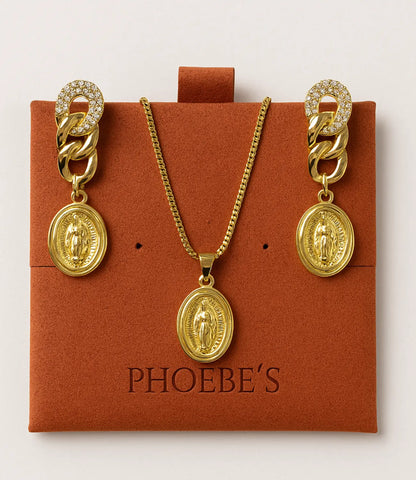 Virgin Mary Medal Set – Necklace and 18k Gold Plated Hook Earrings PHOEBE'S 