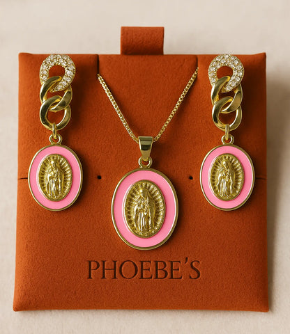Virgin Mary Medal Set – Necklace and 18k Gold Plated Hook Earrings PHOEBE'S 