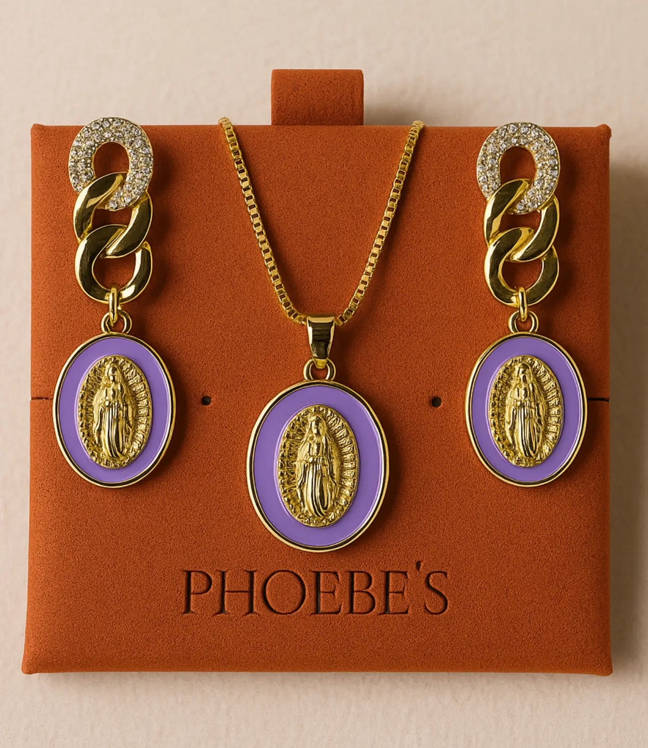 Virgin Mary Medal Set – Necklace and 18k Gold Plated Hook Earrings PHOEBE'S 