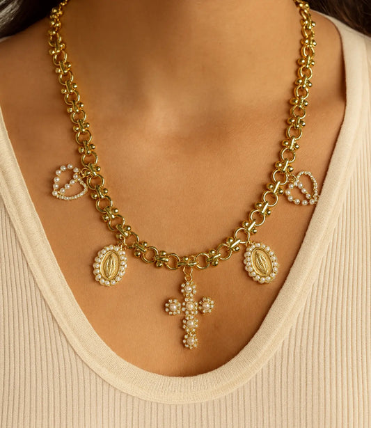 Virgin Mary Medal and Cross Necklace with Pearls – 18K Gold Plated PHOEBE'S 