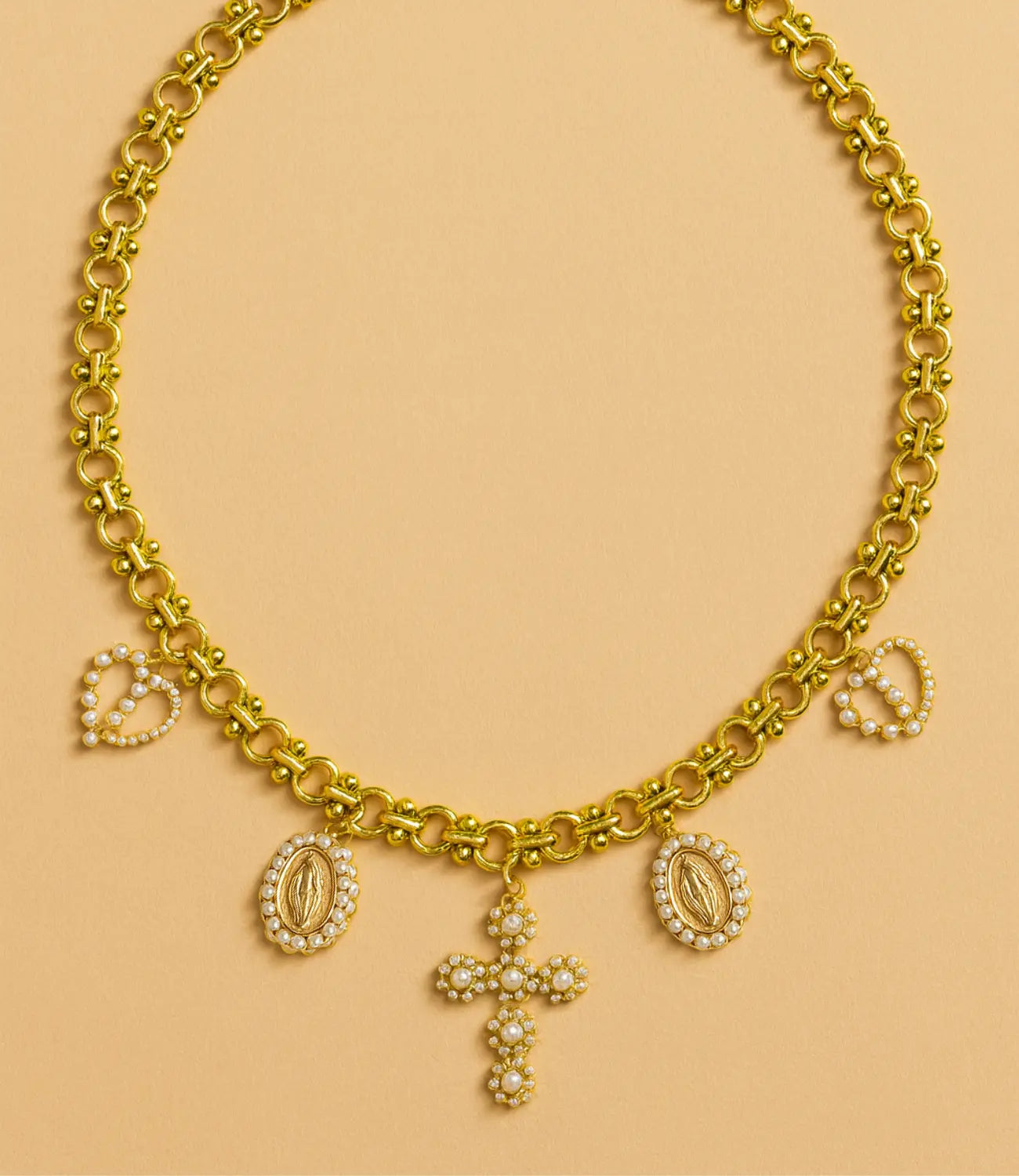 Virgin Mary Medal and Cross Necklace with Pearls – 18K Gold Plated PHOEBE'S 