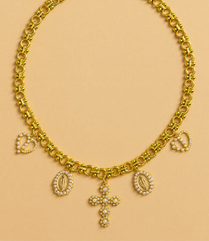 Virgin Mary Medal and Cross Necklace with Pearls – 18K Gold Plated PHOEBE'S 