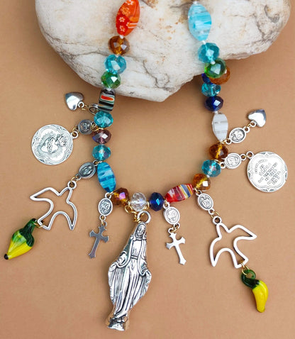 Virgin Mary Necklace, Catholic Jewelry, Charms Necklace, Gift for Her