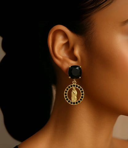 Virgin Mary Stud Earrings in Black Onyx and 18k Gold Plating PHOEBE'S 