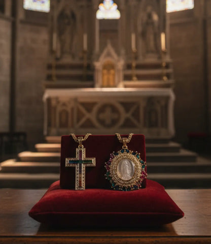 Virgin Mary &amp; Cross Set – Duo of Gold Necklaces with Colored Gemstones PHOEBE'S 