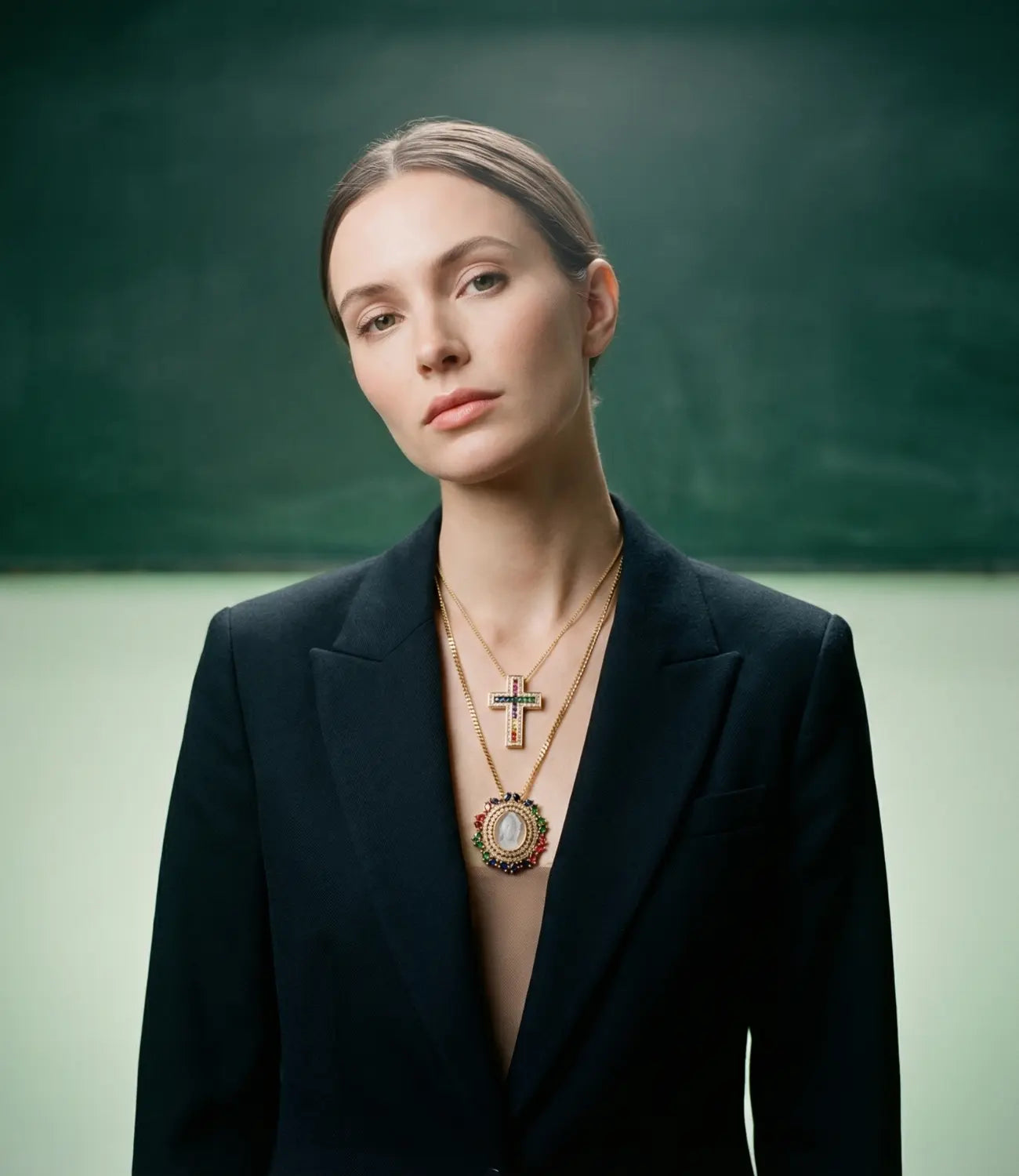 Virgin Mary &amp; Cross Set – Duo of Gold Necklaces with Colored Gemstones PHOEBE'S 