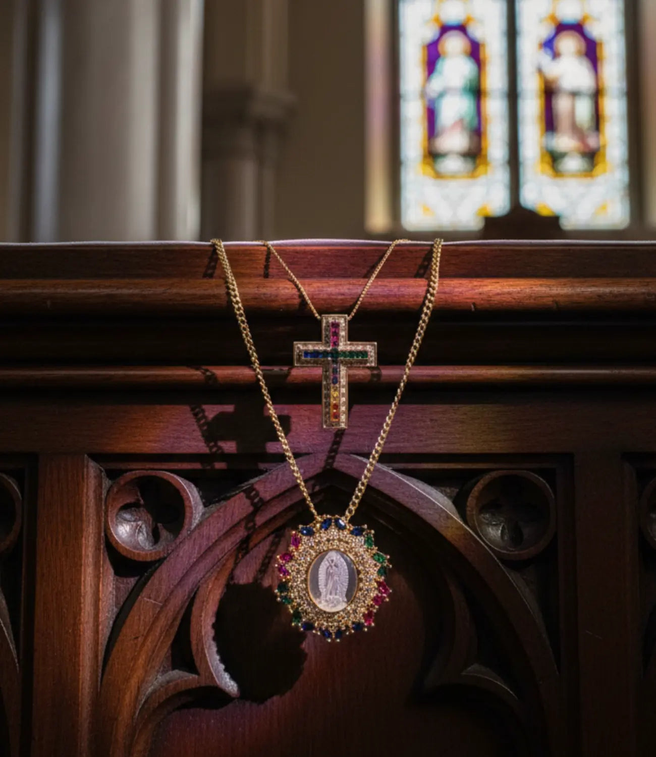 Virgin Mary &amp; Cross Set – Duo of Gold Necklaces with Colored Gemstones PHOEBE'S 