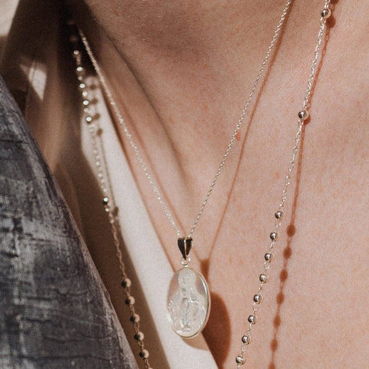 Virgin in mother-of-pearl Necklace, Catholic Jewelry