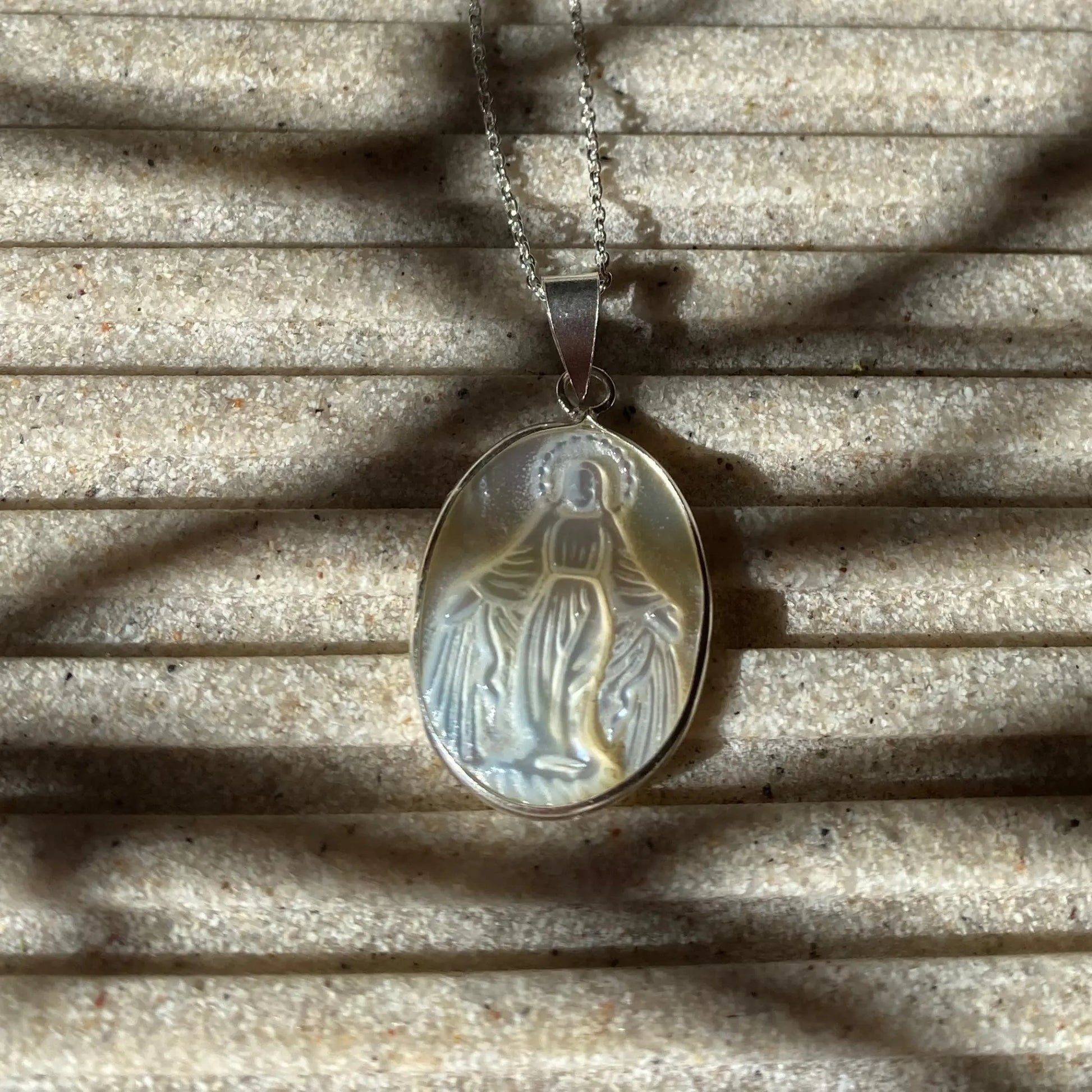 Virgin in mother-of-pearl Necklace, Catholic Jewelry