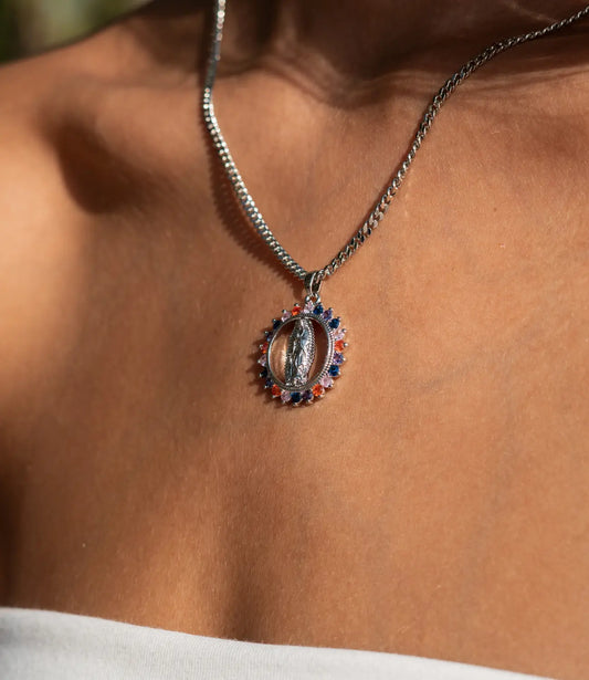 Virgin of Guadalupe Necklace with Multicolor Zirconia – Amulet of Faith and Protection PHOEBE'S 