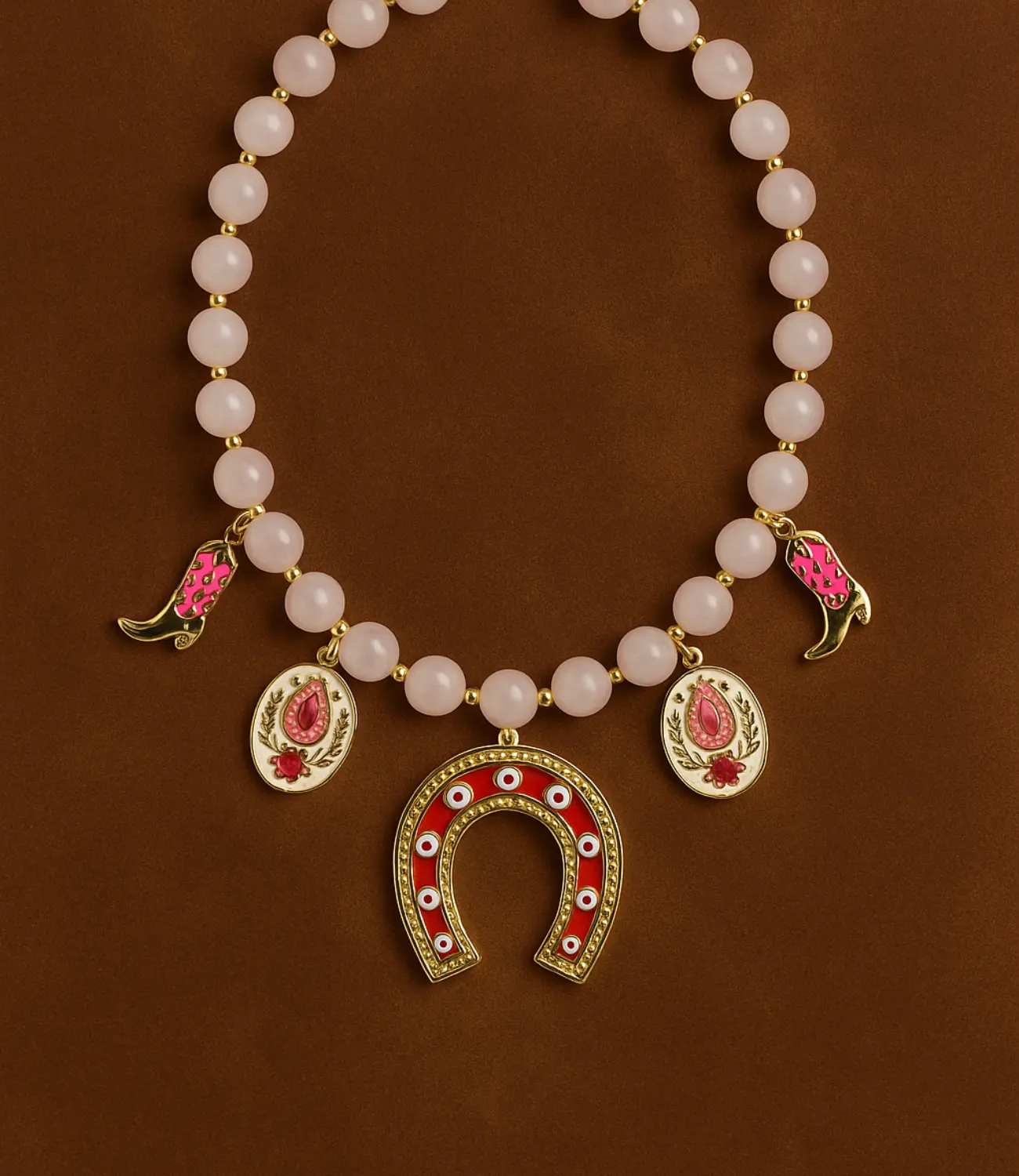 Western Necklace with Rose Quartz and Lucky Charms PHOEBE'S 