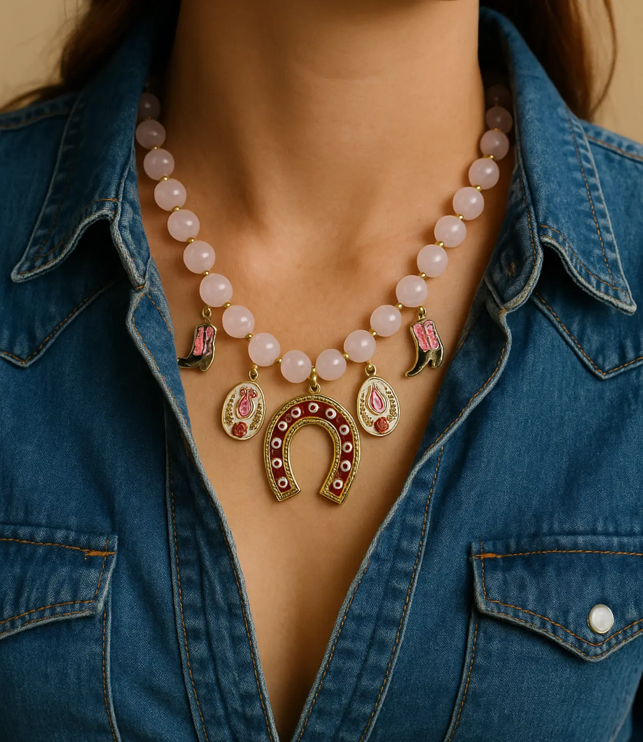 Western Necklace with Rose Quartz and Lucky Charms PHOEBE'S 
