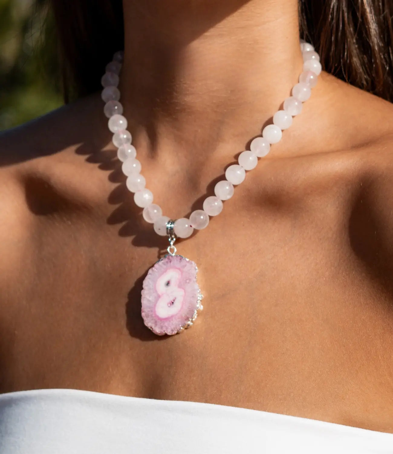 White Quartz Necklace with Sunflower Agate Pendant PHOEBE'S 