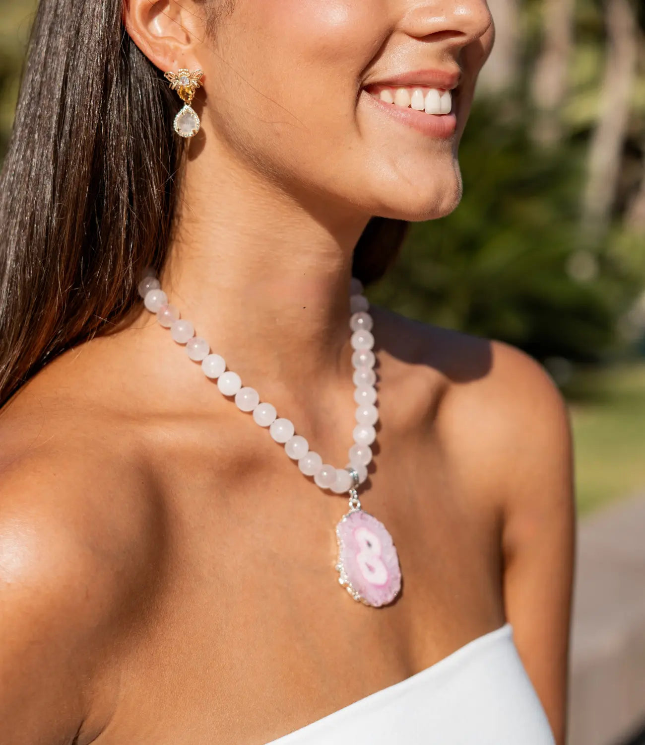 White Quartz Necklace with Sunflower Agate Pendant PHOEBE'S 