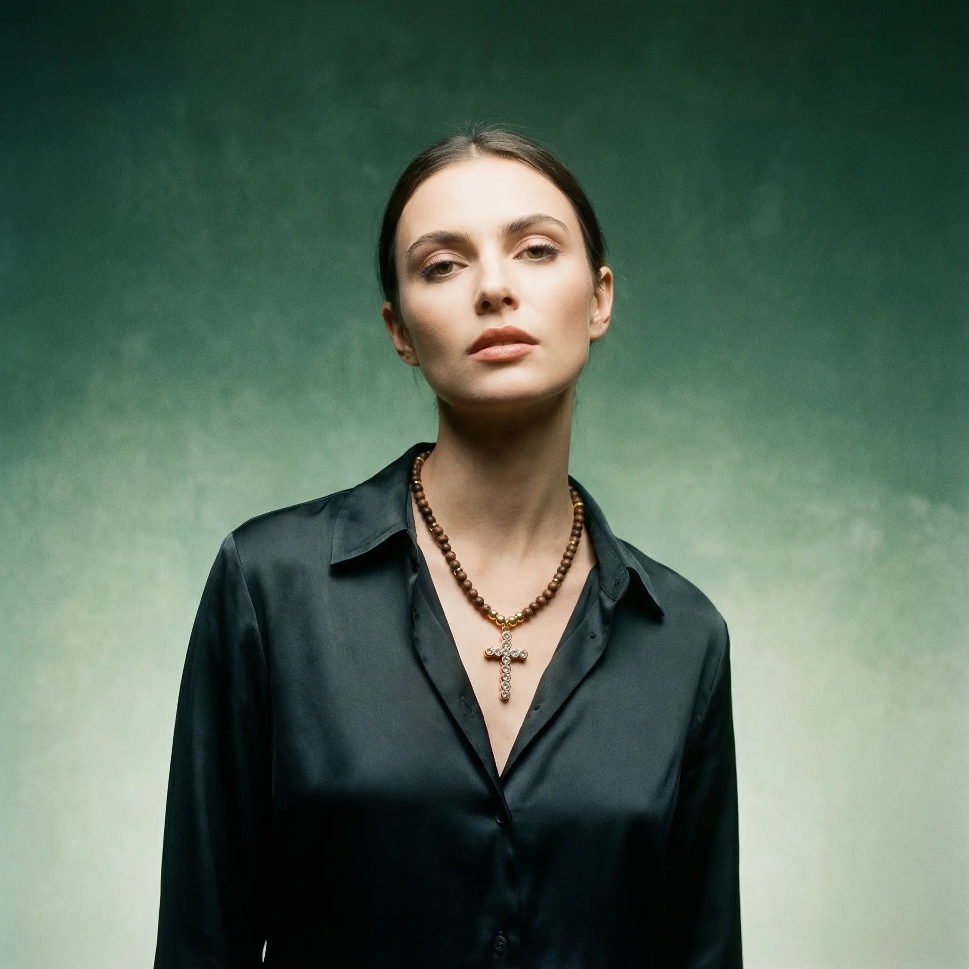 Wooden Necklace with Cubic Zirconia Cross – Natural Elegance & Faith PHOEBE'S 