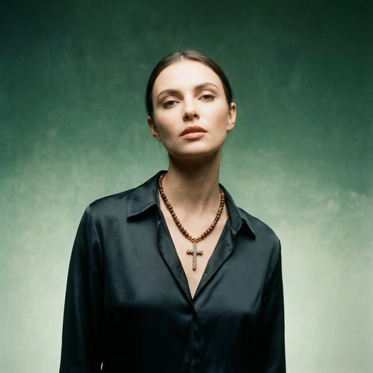 Wooden Necklace with Cubic Zirconia Cross – Natural Elegance & Faith PHOEBE'S 