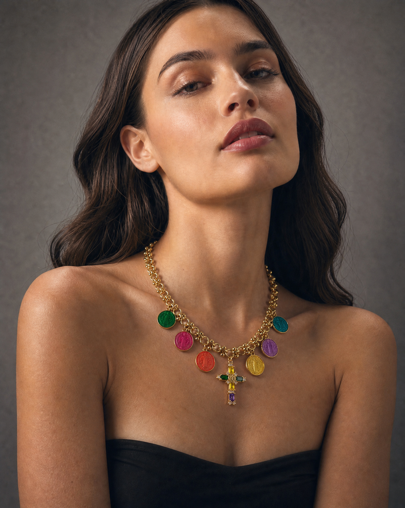 Miraculous Medal Charm Necklace · Multicolor Enamel · Catholic Statement Jewelry