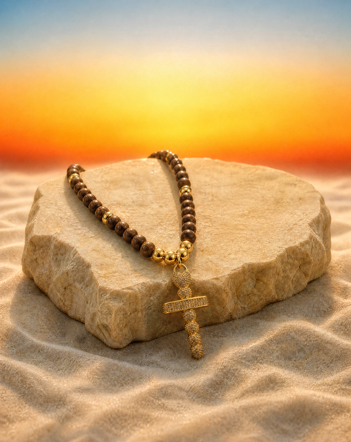 Sacred Heart Set – Wooden Necklace with Heart Cross & Double Heart Ring