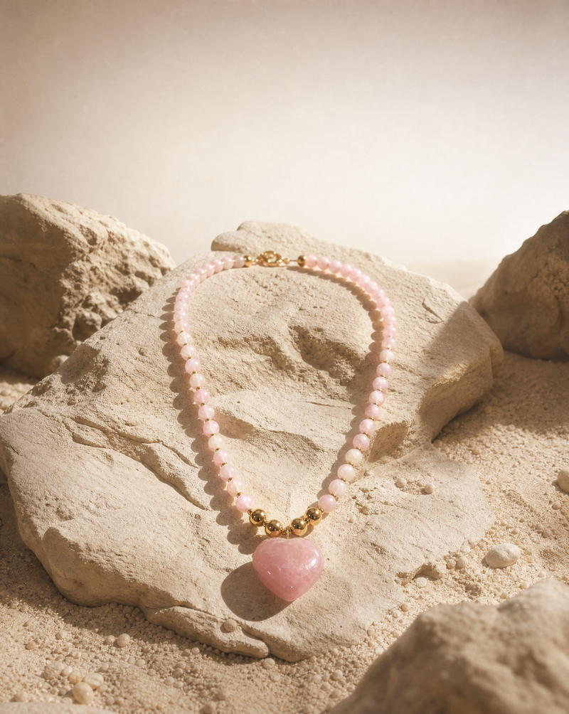 Rose Quartz Beaded Necklace | Handmade Boho Heart Necklace