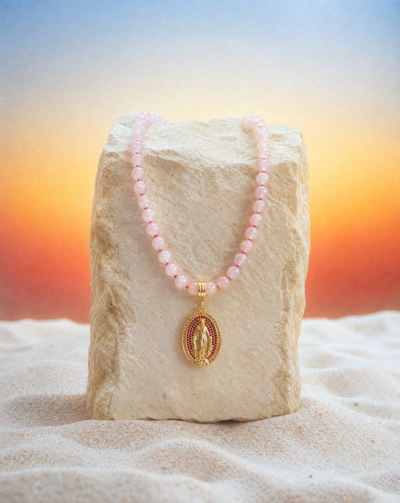 Rose Quartz Virgin Mary Necklace | Bridal Necklace