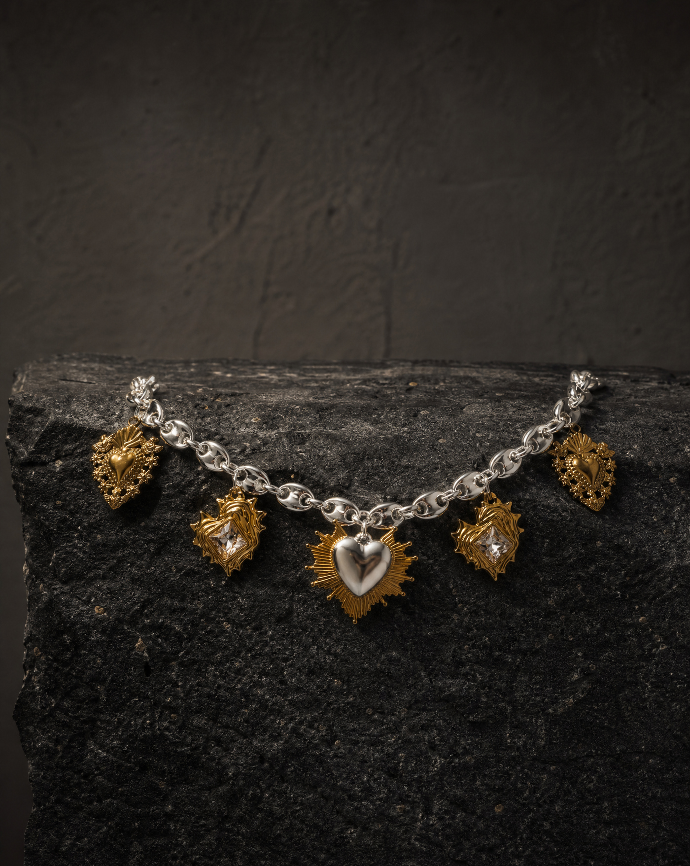 Sacred Heart Multi-Charm Silver Chain Necklace