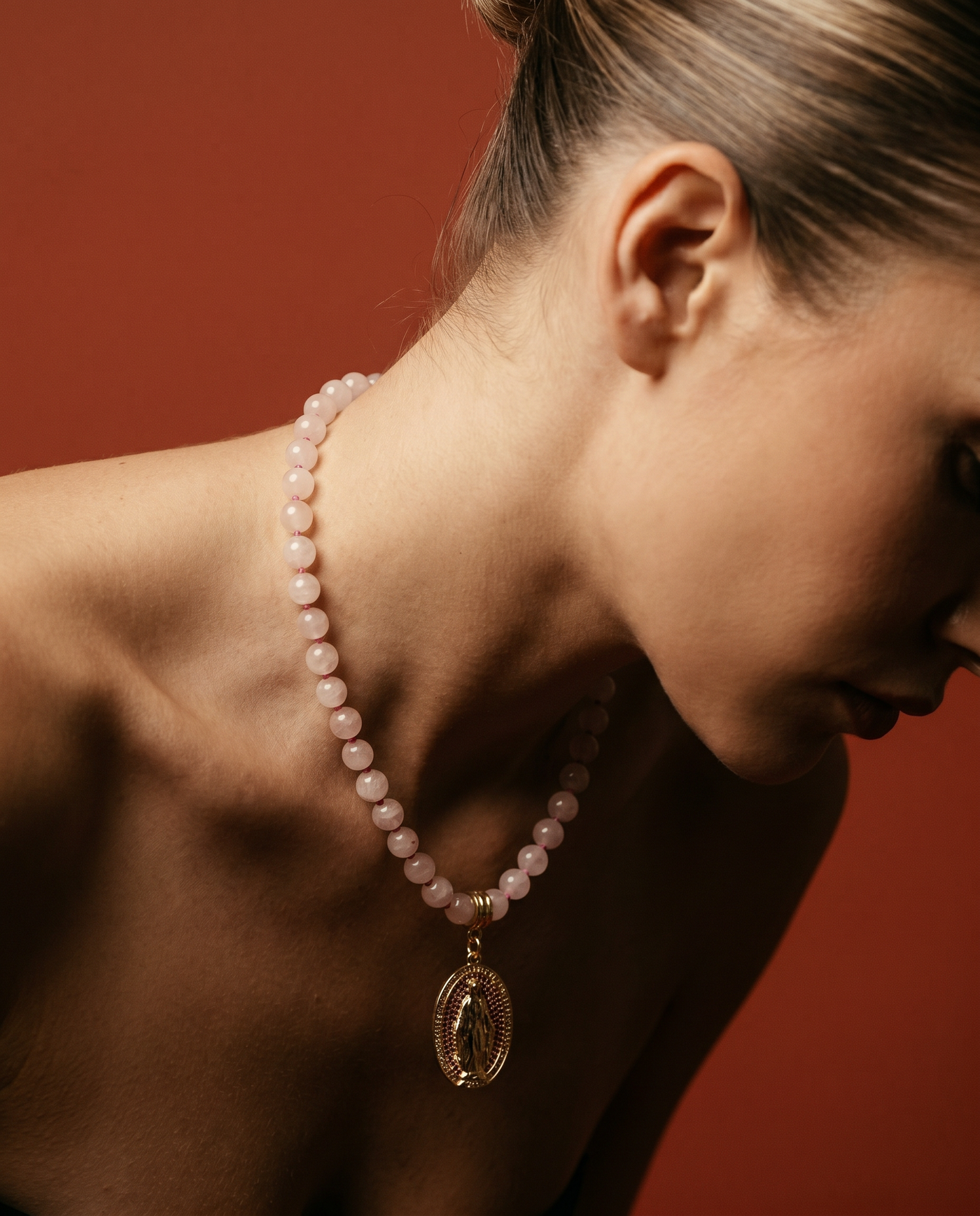 Rose Quartz Virgin Mary Necklace | Bridal Necklace