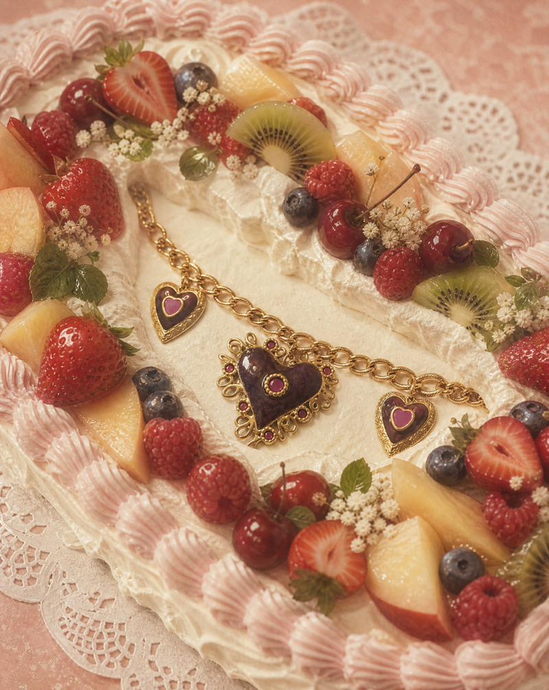 Vintage Heart Chain Necklace | Gold and Purple Enamel Filigree