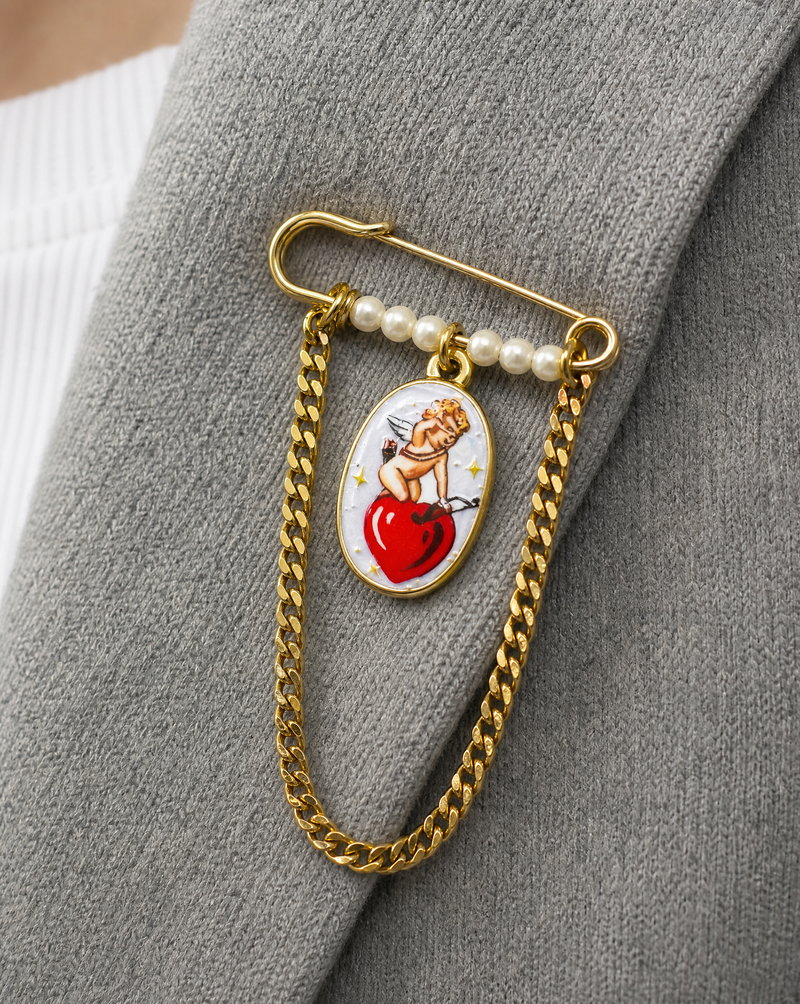 Cupid Heart Pearl Chain Pin Brooch