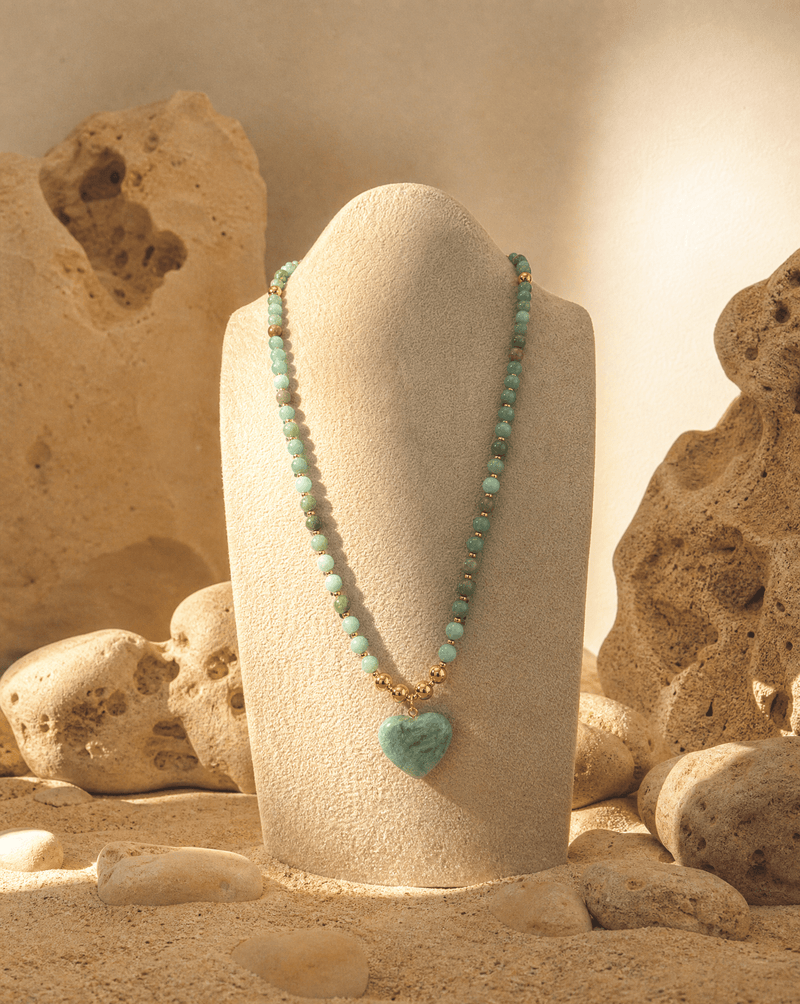 Amazonite beaded necklace with heart pendant detail – Phoebe's