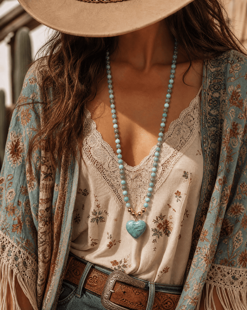 Amazonite beaded heart necklace, handmade boho – Phoebe's