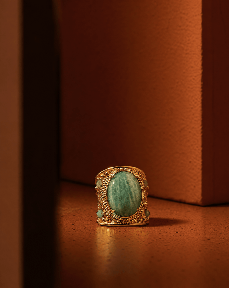 Green amazonite statement ring worn on hand – Phoebe's